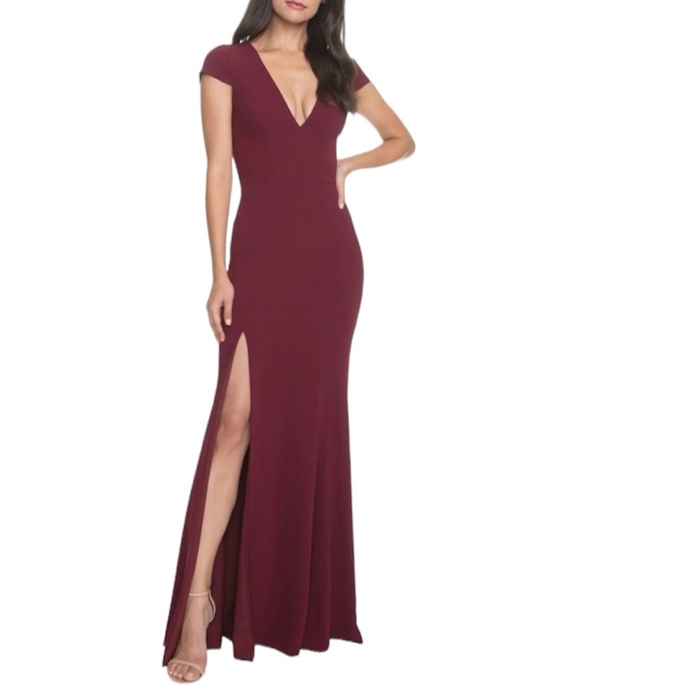 Dress the Population Karla V-Neck Trumpet Gown in Burgundy NWT